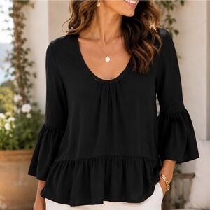 Trina Turk Lilia's Silk Blouse Women S Black Popover Top‎ Peplum Coastal Chic